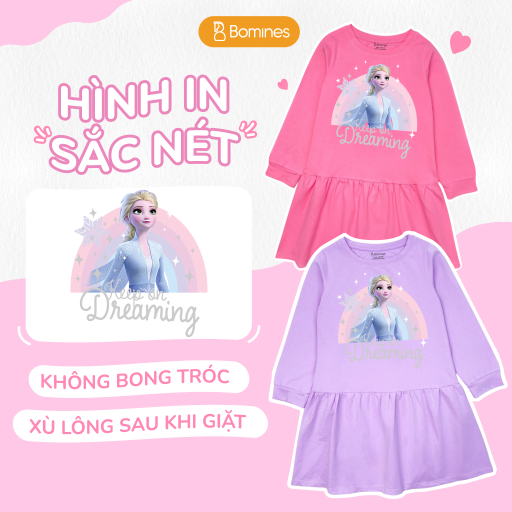 Váy bé gái tay dài Elsa Bomines, đầm cotton mùa thu cho bé 3- 10 tuổi khoảng 12kg- 30kg DTDELSACAUVONG