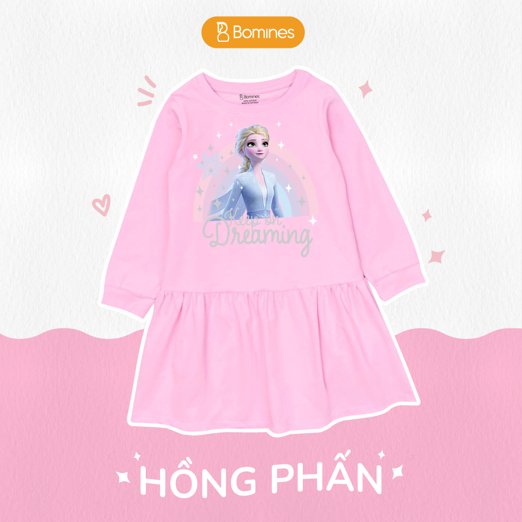 Váy bé gái tay dài Elsa Bomines, đầm cotton mùa thu cho bé 3- 10 tuổi khoảng 12kg- 30kg DTDELSACAUVONG