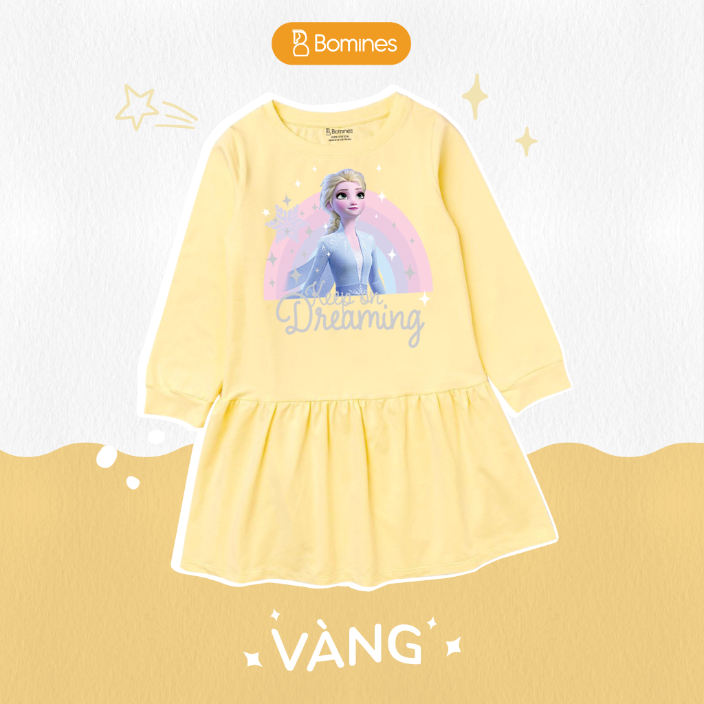 Váy bé gái tay dài Elsa Bomines, đầm cotton mùa thu cho bé 3- 10 tuổi khoảng 12kg- 30kg DTDELSACAUVONG