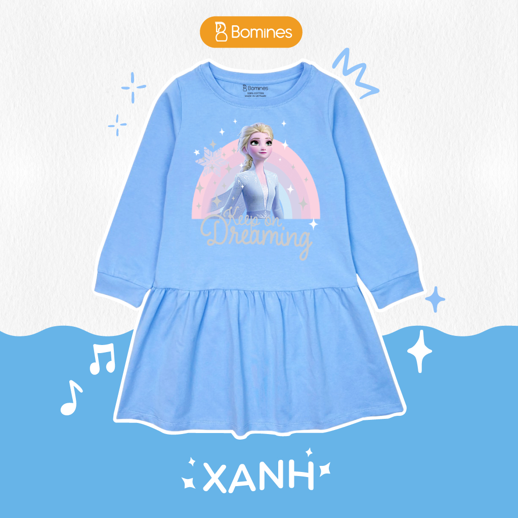 Váy bé gái tay dài Elsa Bomines, đầm cotton mùa thu cho bé 3- 10 tuổi khoảng 12kg- 30kg DTDELSACAUVONG