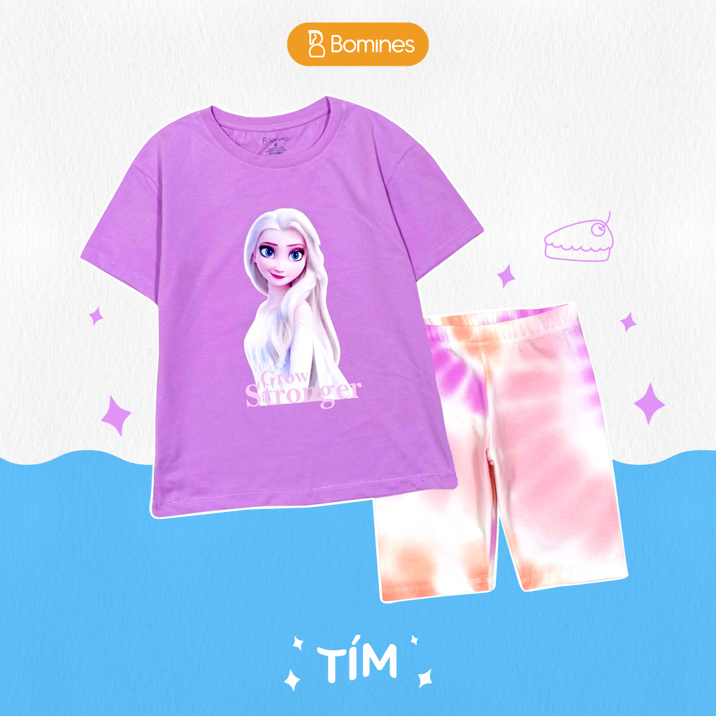 Đồ bộ bé gái công chúa Elsa BOMINES, thun cotton tay ngắn quần biker mát mẻ cho bé 3-12 tuổi, 12-36kg DBLBGELSAQUANLOANG