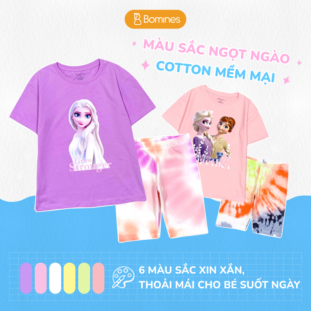Đồ bộ bé gái công chúa Elsa BOMINES, thun cotton tay ngắn quần biker mát mẻ cho bé 3-12 tuổi, 12-36kg DBLBGELSAQUANLOANG