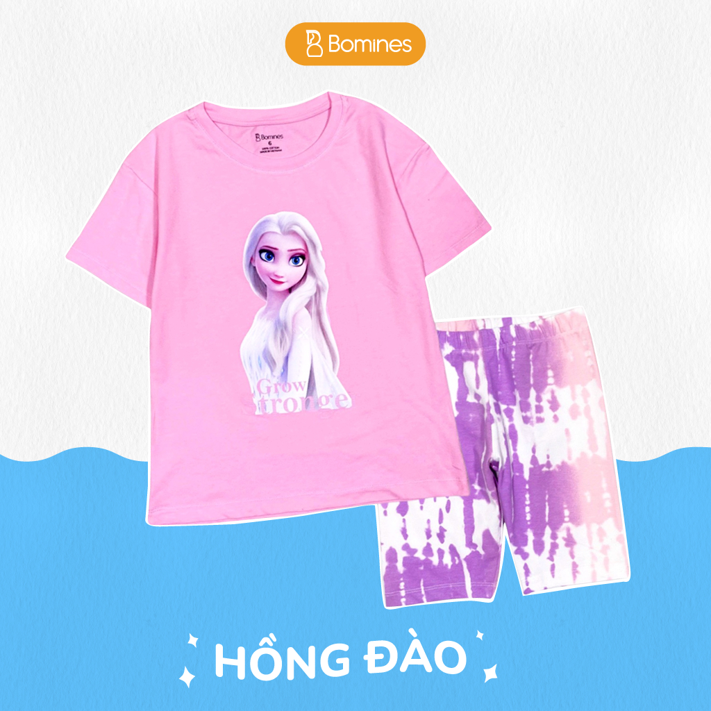 Đồ bộ bé gái công chúa Elsa BOMINES, thun cotton tay ngắn quần biker mát mẻ cho bé 3-12 tuổi, 12-36kg DBLBGELSAQUANLOANG