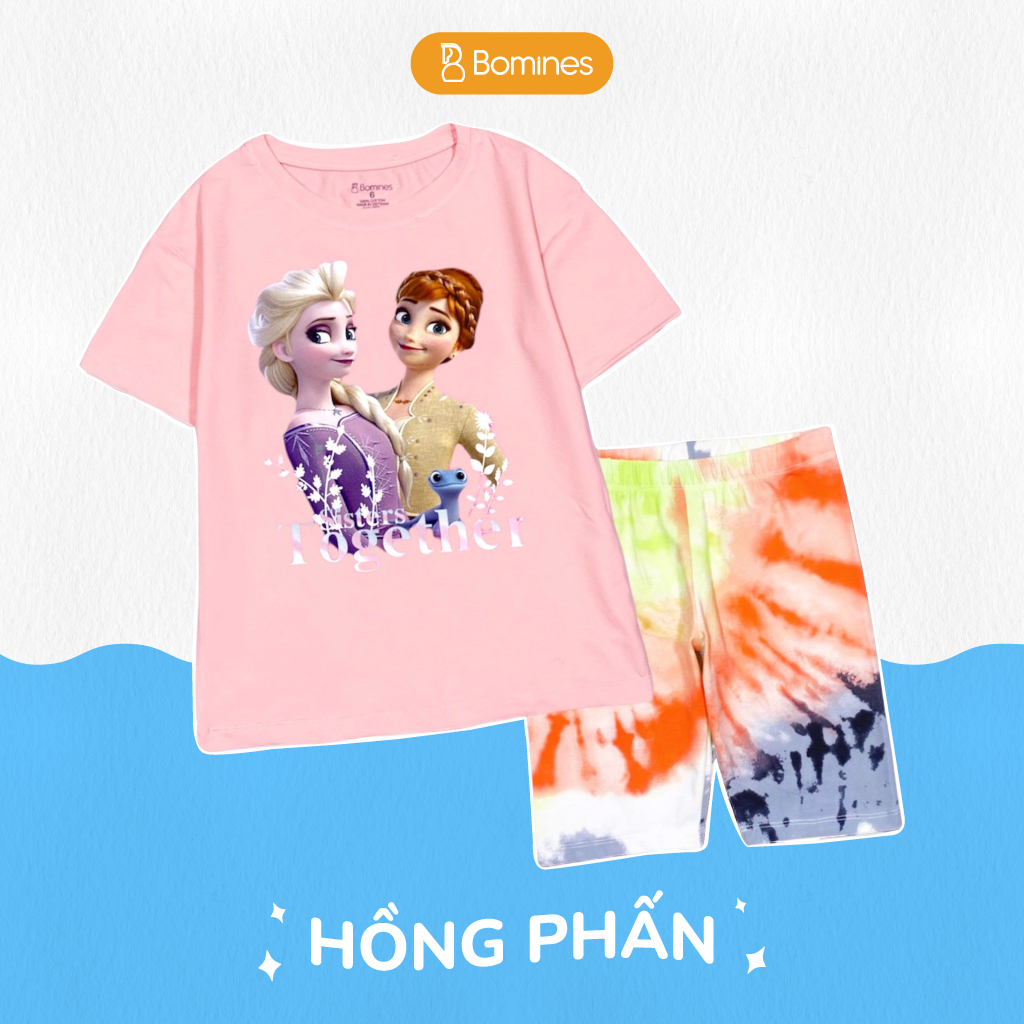 Đồ bộ bé gái công chúa Elsa BOMINES, thun cotton tay ngắn quần biker mát mẻ cho bé 3-12 tuổi, 12-36kg DBLBGELSAQUANLOANG
