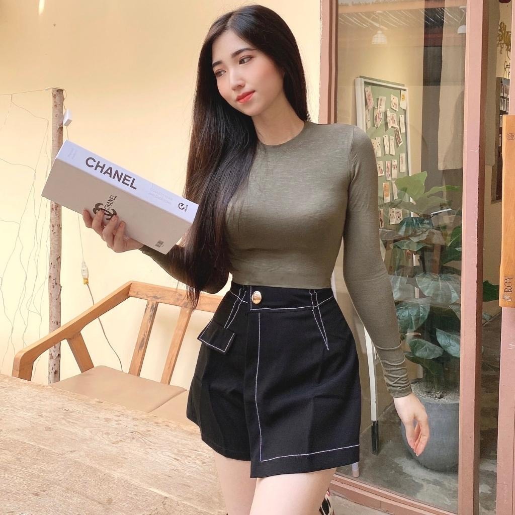 Áo thun trơn ôm body tay dài cổ tròn nữ