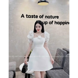 Đầm thiết kế thời trang nữ mặc đi chơi chất tapta dây chéo đính nơ tay phồng phong cách sang chảnh