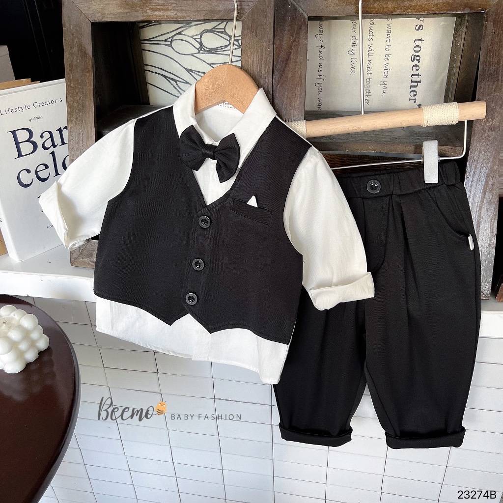 Bộ Gilê công tử phối nơ cho bé trai Beemo,Chất liệu chéo hàn không nhăn, đứng form,Thiết kế set 3 chi tiết B407