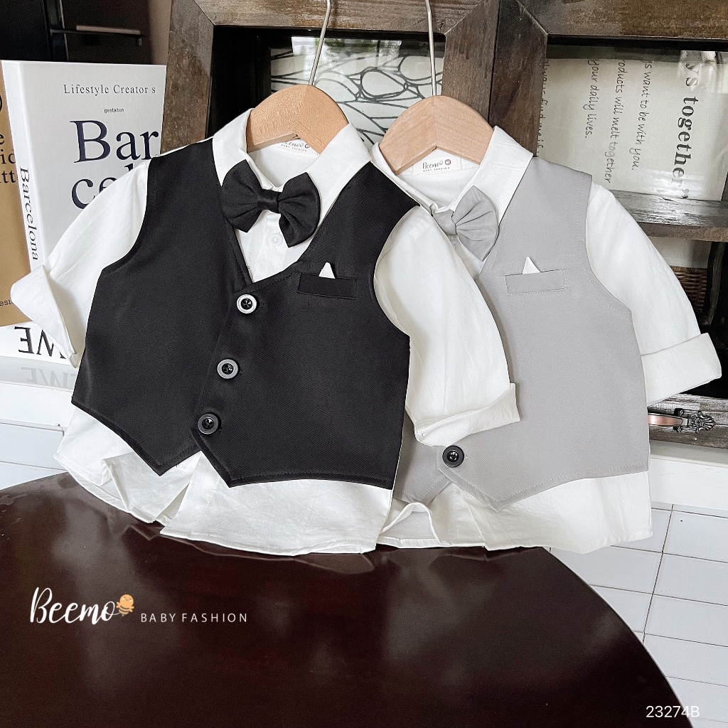Bộ Gilê công tử phối nơ cho bé trai Beemo,Chất liệu chéo hàn không nhăn, đứng form,Thiết kế set 3 chi tiết B407