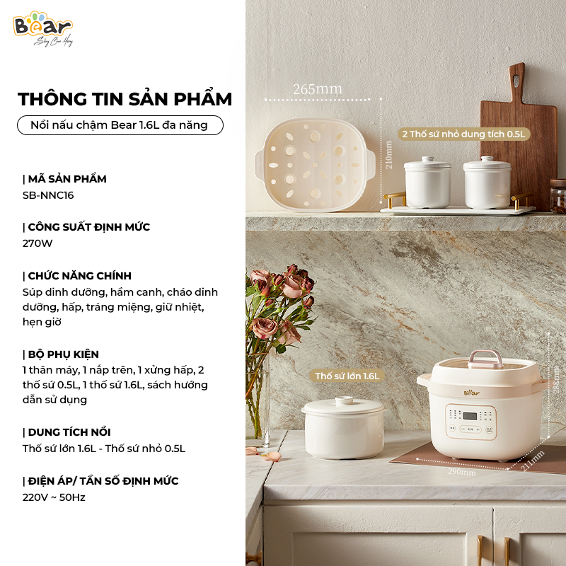 Combo Nồi Nấu Chậm 1,6L Bear NCC16 và Máy Xay 5 Món B50E1 Đa Năng Hầm Cháo Chưng Yến Tiết Kiệm Thời Gian