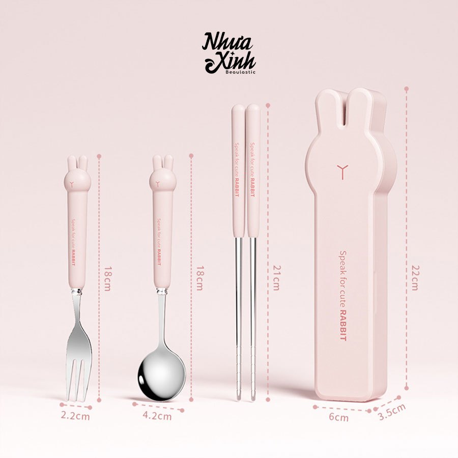 Bộ đũa thìa dĩa ăn cute kèm hộp đựng thỏ BUNNY | thép không gỉ 304 siêu bền | NX49