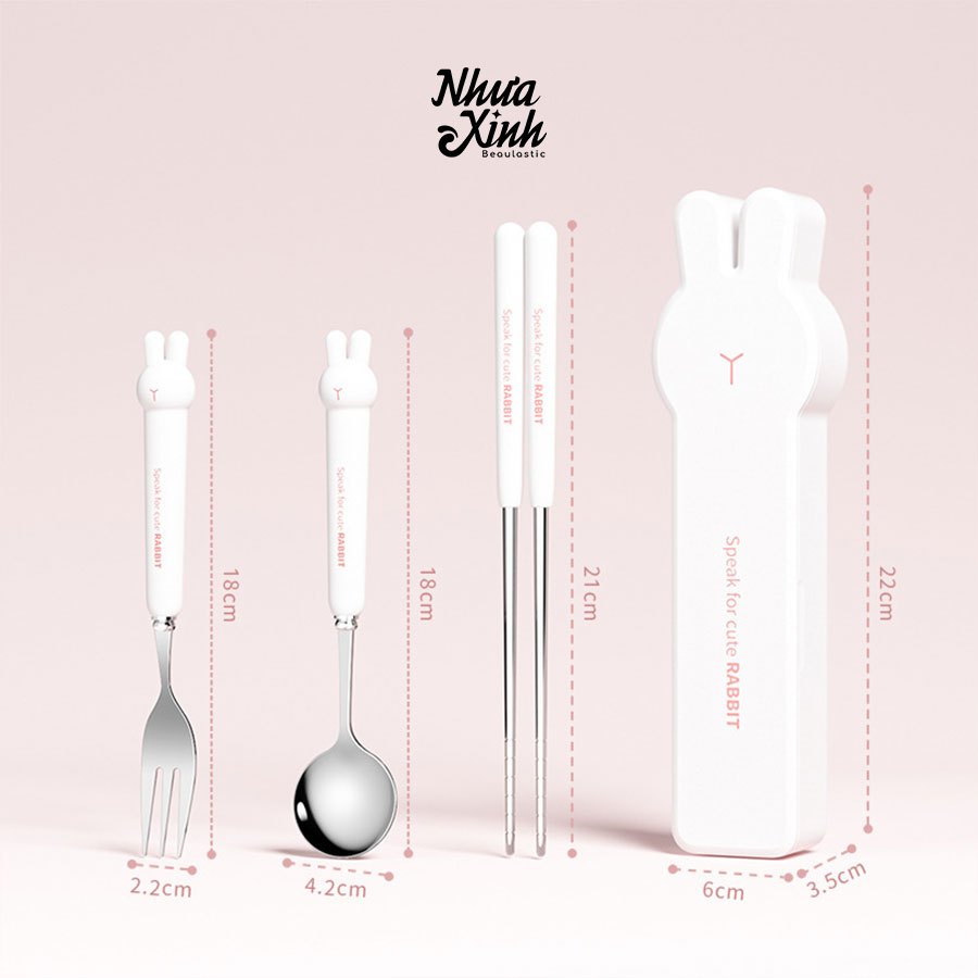Bộ đũa thìa dĩa ăn cute kèm hộp đựng thỏ BUNNY | thép không gỉ 304 siêu bền | NX49