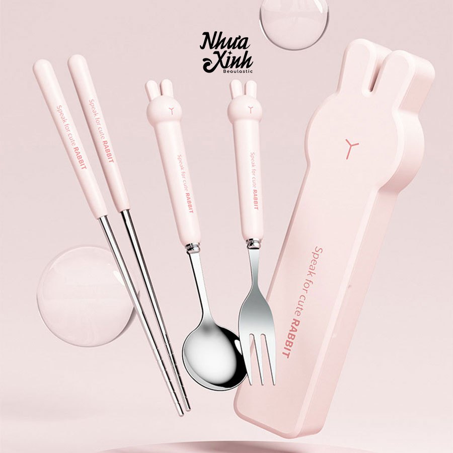 Bộ đũa thìa dĩa ăn cute kèm hộp đựng thỏ BUNNY | thép không gỉ 304 siêu bền | NX49