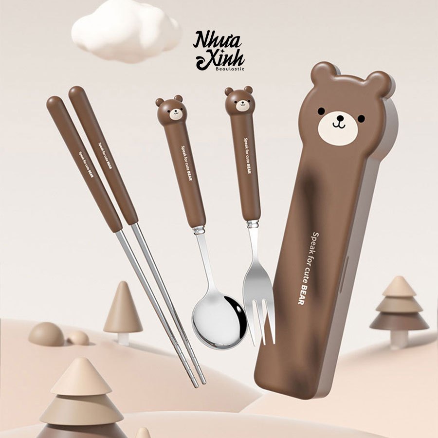 Bộ đũa thìa dĩa ăn cute kèm hộp đựng thỏ BUNNY | thép không gỉ 304 siêu bền | NX49
