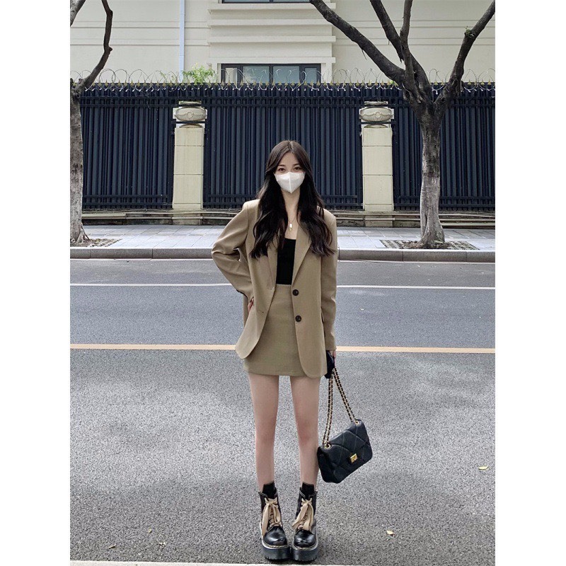 Set áo blazer nữ dài mix chân váy chữ A quảng châu siêu xinh phong cách hàn quốc, set áo vest nữ sang chảnh