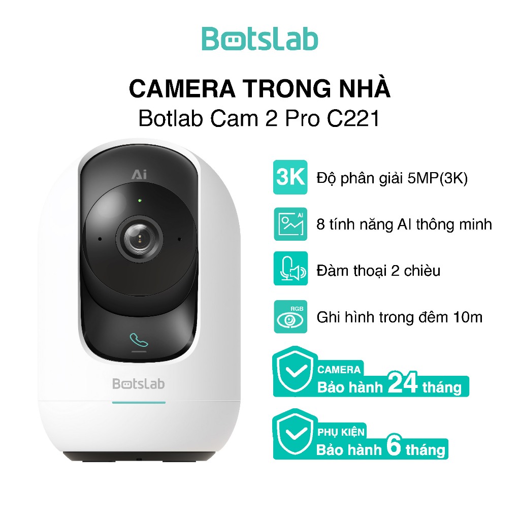 Camera trong nhà Botslab C221 Cam 2 Pro  | Độ phân giải 5MP | Ghi Hình Đêm 10m | Bảo Hành 24 Tháng