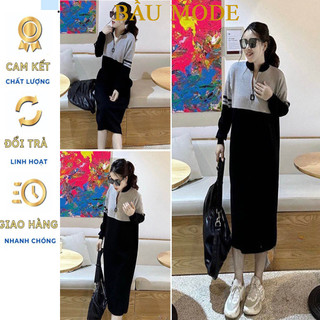 Đầm váy bầu thu đông dài tay len quảng châu kéo khóa cổ phối màu - đầm bầu thu đông dài tay bigsize