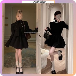  Đầm Cổ Lọ Tay Dài Dáng Xòe Chữ A dáng Ngắn Váy thun ôm body + áo khoác dạ đen chất vải dày dặn hàng order 