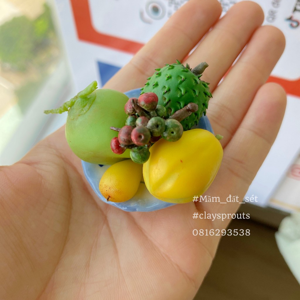 Mâm ngũ quả mini kèm đĩa sứ dày, mâm ngũ quả Tết từ đất sét - Ảnh tự chụp - Mầm Đất Sét