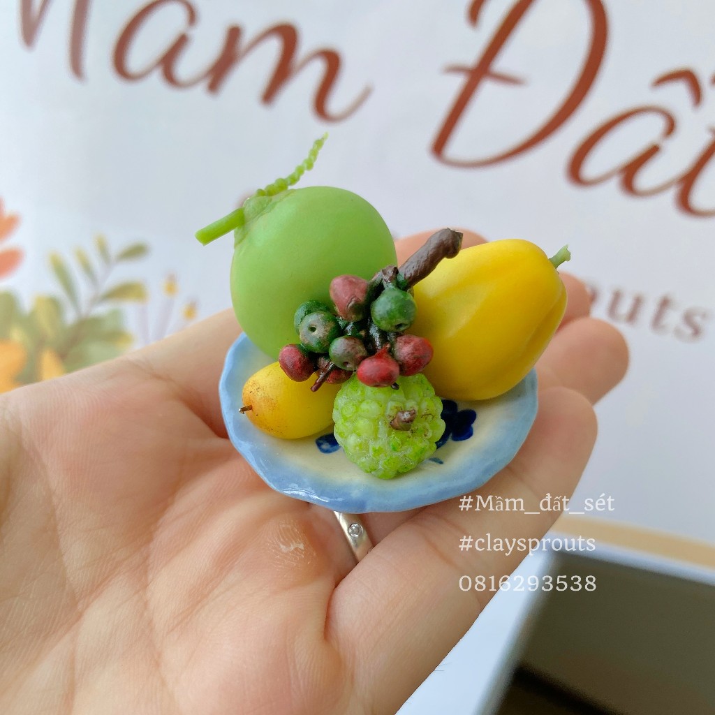 Mâm ngũ quả mini kèm đĩa sứ dày, mâm ngũ quả Tết từ đất sét - Ảnh tự chụp - Mầm Đất Sét