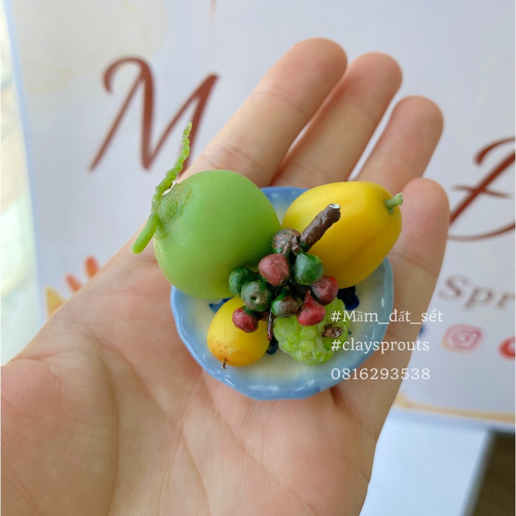 Mâm ngũ quả mini kèm đĩa sứ dày, mâm ngũ quả Tết từ đất sét - Ảnh tự chụp - Mầm Đất Sét