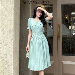 Đầm dập ly Nhật Vy cổ vuông đính nút bọc kèm dây belt chất lụa phù hợp công sở dạo phố sang chảnh - D2863