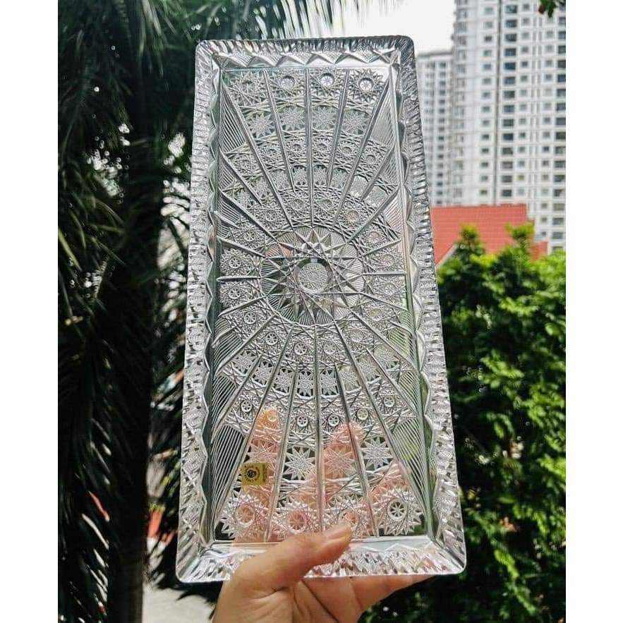Khay pha lê mài chữ nhật Bohemia 40cm × 17cm, pha lê cao cấp không chì - Hàng Séc