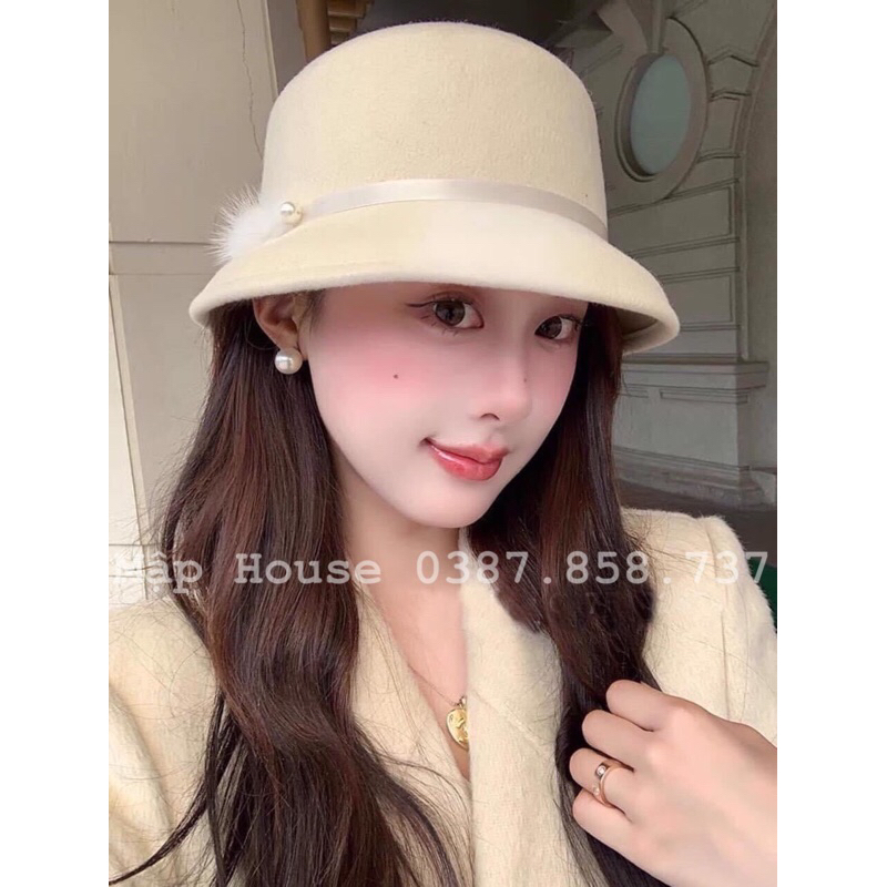 Mũ bucket dạ lồng đèn đai lông tiểu thư cao cấp thu đông 2023