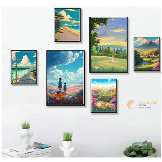 Tranh Anime Hoạt Hình Nhật Bản Phong Cảnh Healing Cỏ Xanh Hoa & Cô Gái & Chàng Trai Cool Art Decor Bàn học Phòng Ngủ