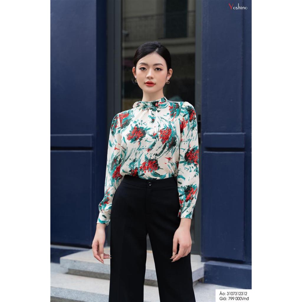 Sơ mi cổ rúm đính ngọc nhiều màu hoạ tiết Yoshino