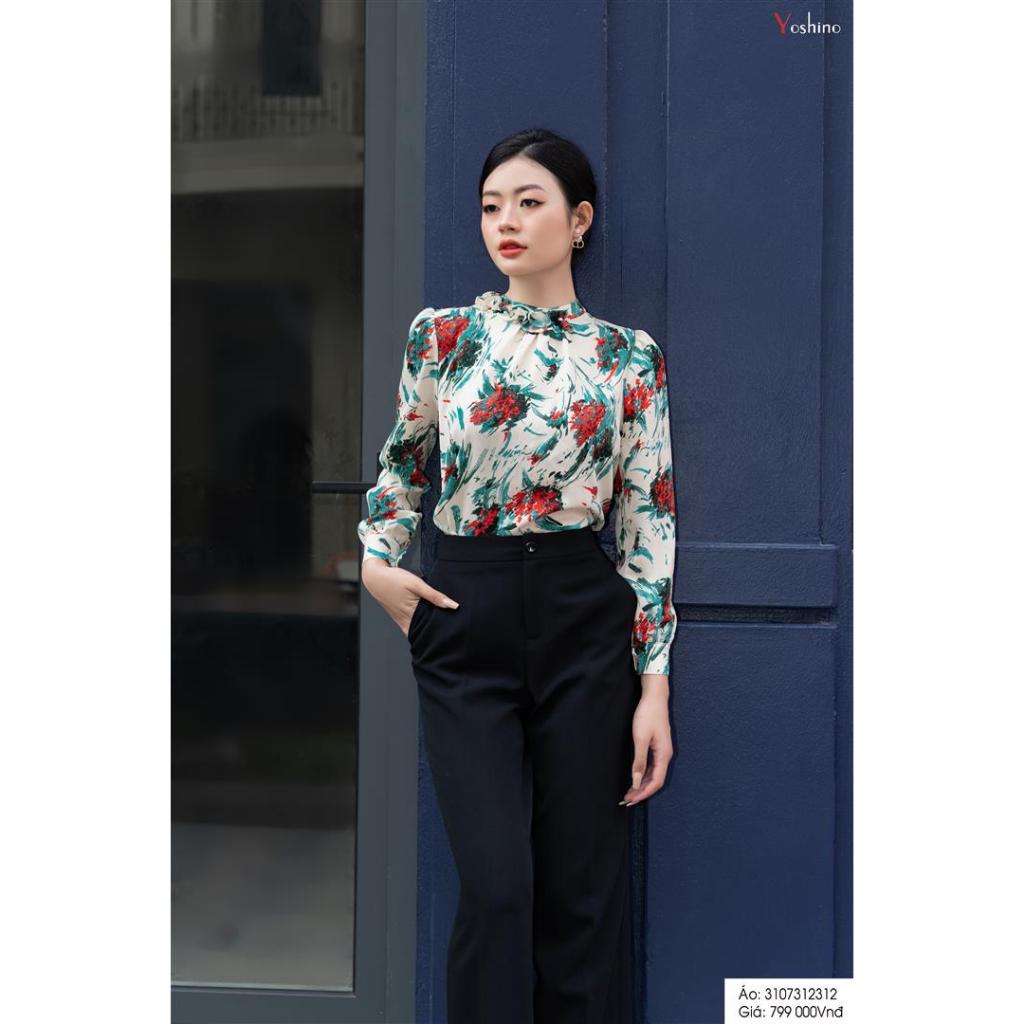 Sơ mi cổ rúm đính ngọc nhiều màu hoạ tiết Yoshino