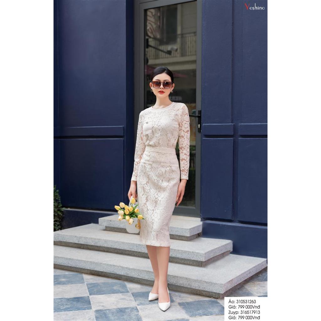 Sơ mi croptop ren đi bộ zuýp ren màu be sáng Yoshino