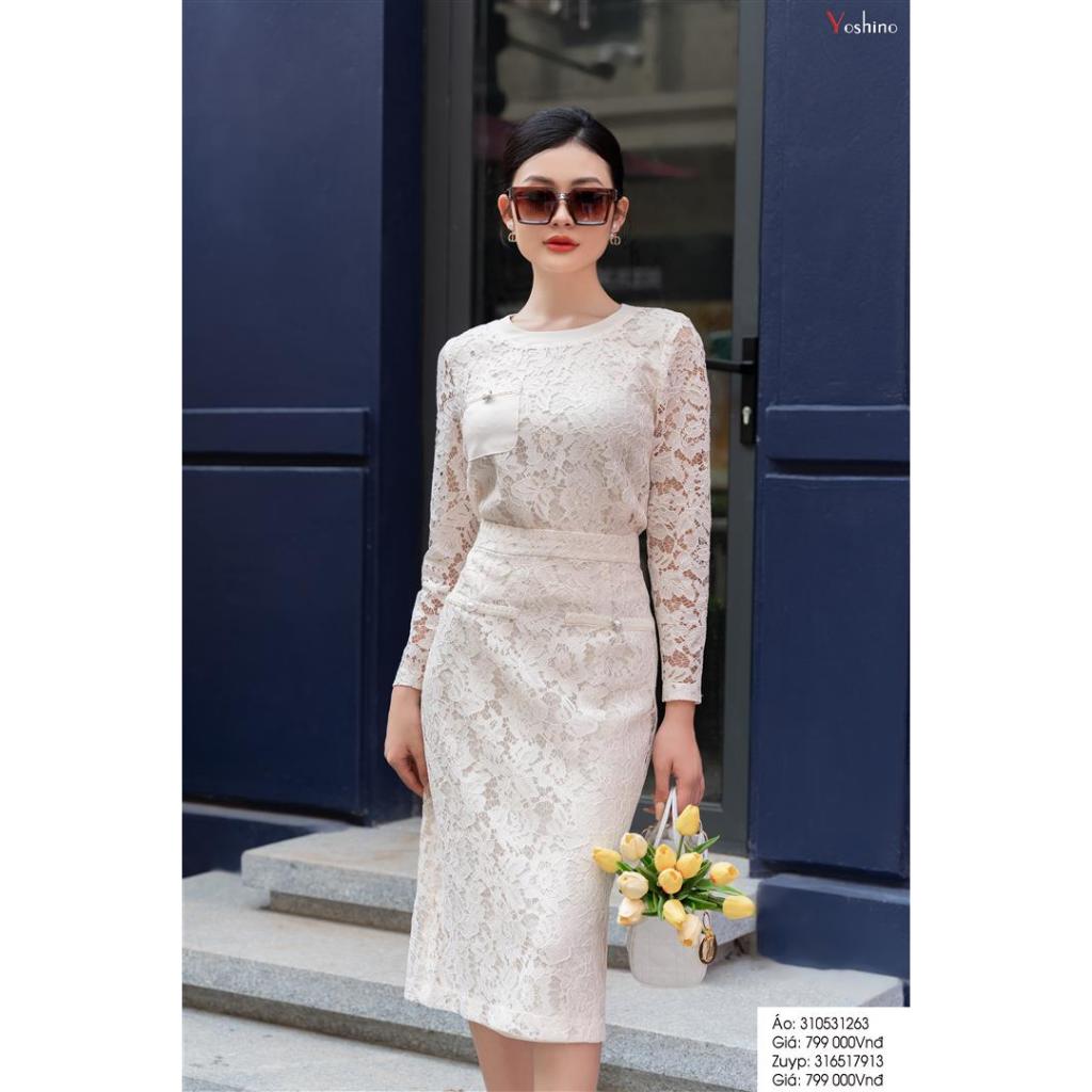 Sơ mi croptop ren đi bộ zuýp ren màu be sáng Yoshino