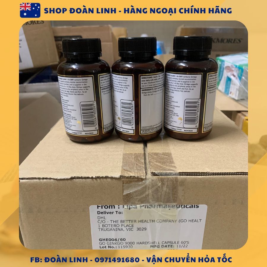 Viên uống bổ não Ginkgo 9000, lọ 60 viên, Hàng úc đi air, Mẫu mới, Date xa 2024