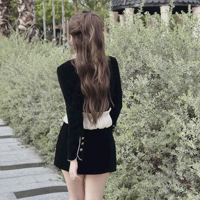 🛍Set váy nữ 🛍Set nhung tay dài cổ bèo lai sang xịn, Set nhung phối váy ngắn tiểu thư,Set bộ ngắn đi chơi đi tiệc sang