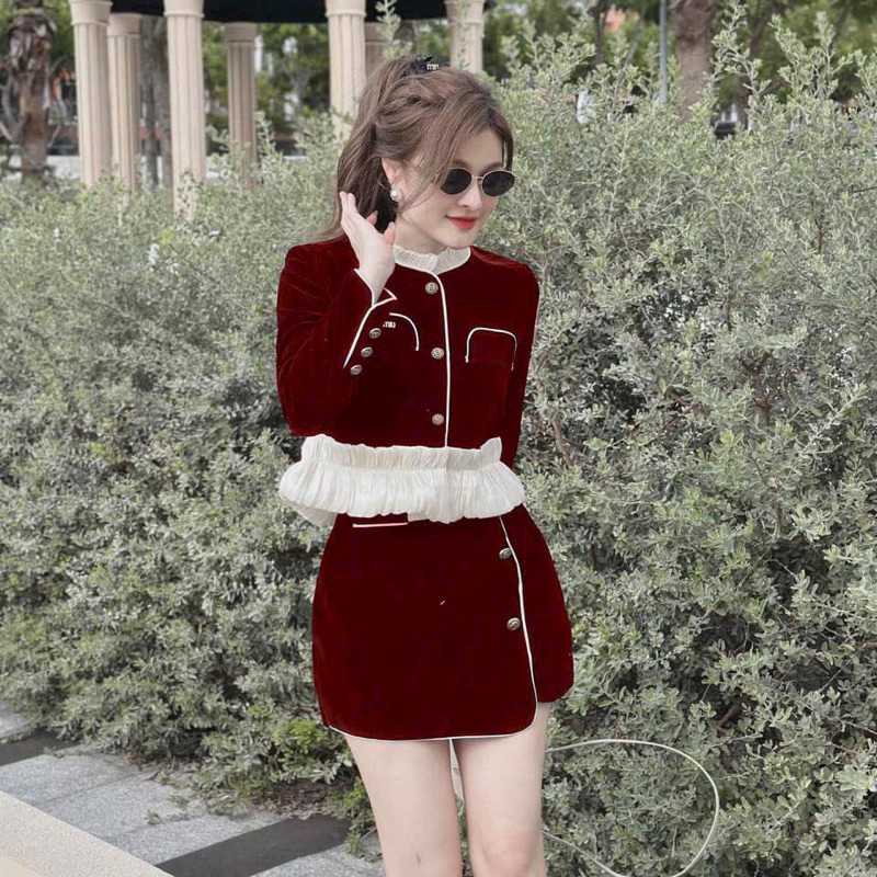 🛍Set váy nữ 🛍Set nhung tay dài cổ bèo lai sang xịn, Set nhung phối váy ngắn tiểu thư,Set bộ ngắn đi chơi đi tiệc sang