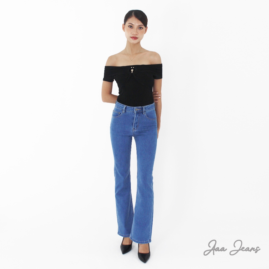 Quần Jean Nữ Ống Loe Lưng Cao Màu Medium Blue  Aaa Jeans