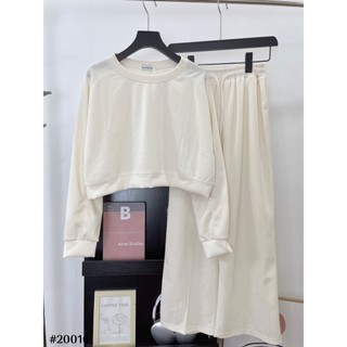 Bộ đồ nữ áo dài tay chất tăm cổ tròn áo croptop kèm quần ống cá tính