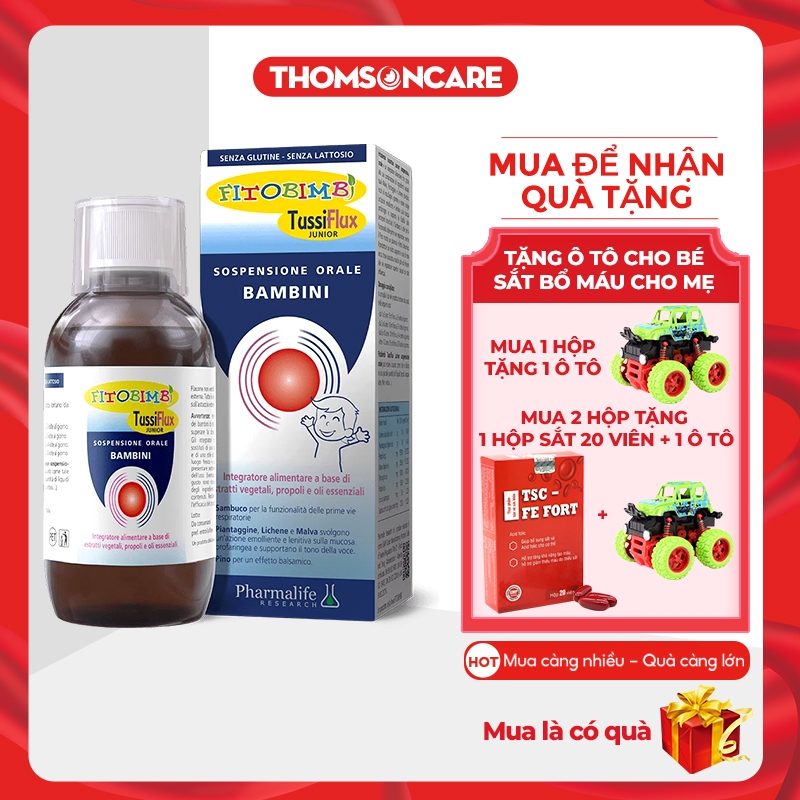 Fitobimbi TussiFlux Junior (HSD T2/2024) hỗ trợ giảm ho cảm cúm, siro tăng đề kháng cho bé từ 1 tuổi, kết hợp xịt họng