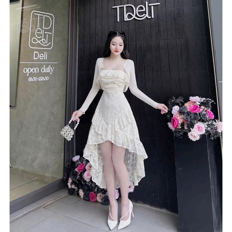 CÓ VIDEO ẢNH THẬT-Đầm xoè dự tiệc 2 dây phối bèo kèm áo khoác gân phong cách retro