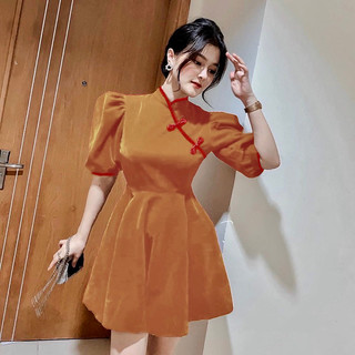 Đầm sườn xám nâu tay phồng phối viền đỏ fom babydoll xoè