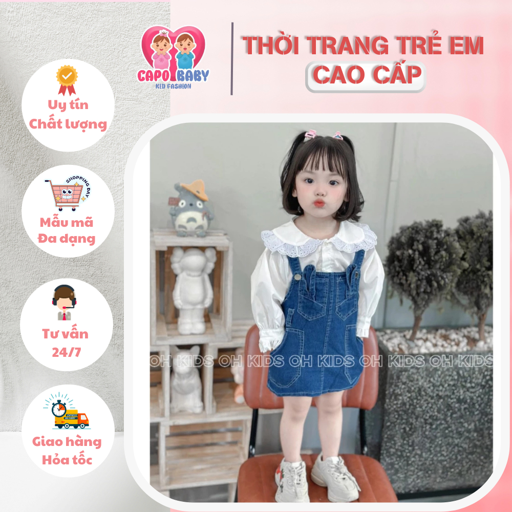 Set váy bò tai thỏ 2 chi tiết, áo trong phối tay bồng bé gái 7-18kg