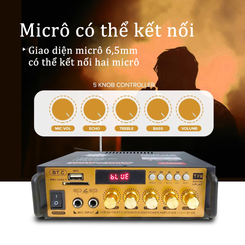 Amply mini karaoke gia đình BT198B-B Amly Mini Bluetooth Kết Hợp Ghi Âm , Echo Siêu Mượt - Thiết bị khuếch đại âm thanh