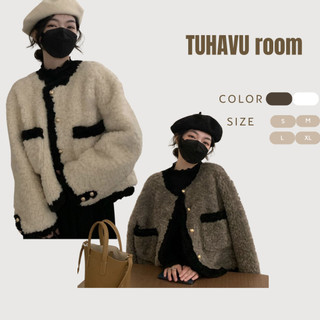 Áo khoác lông cừu trần bông dày dặn, áo khoác lông cừu cổ tròn Tuhavu Room