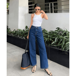 HASHTAGEM - Quần Jeans Nữ Ống Rộng Timeless Loose Jeans Dark Blue LSJ.3, Lưng Cao, Màu Xanh Đậm Năng Động Thời Trang