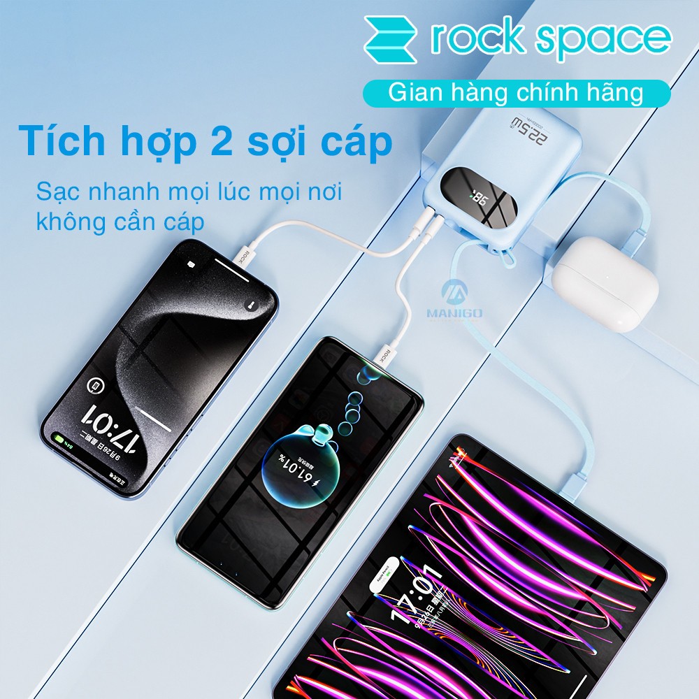 Pin sạc dự phòng mini tích hợp dây sạc Rockspace Y11 sạc nhanh 22.5w dung lương 20000mAh hàng chính hãng có bảo hành