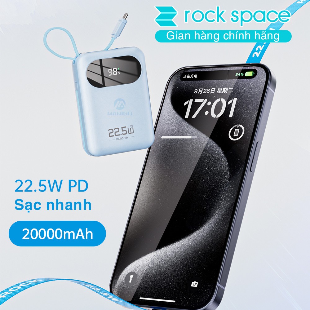 Pin sạc dự phòng mini tích hợp dây sạc Rockspace Y11 sạc nhanh 22.5w dung lương 20000mAh hàng chính hãng có bảo hành