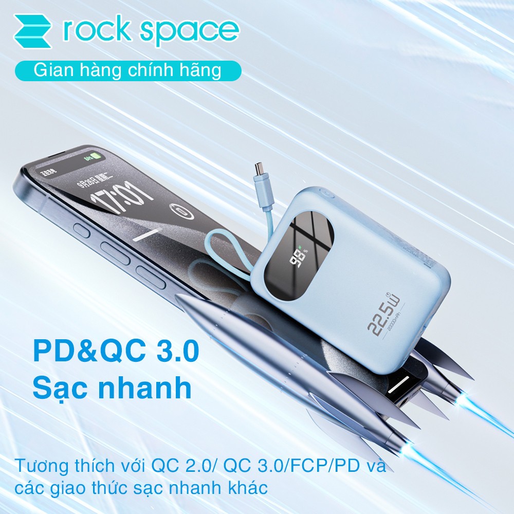 Pin sạc dự phòng mini tích hợp dây sạc Rockspace Y11 sạc nhanh 22.5w dung lương 20000mAh hàng chính hãng có bảo hành