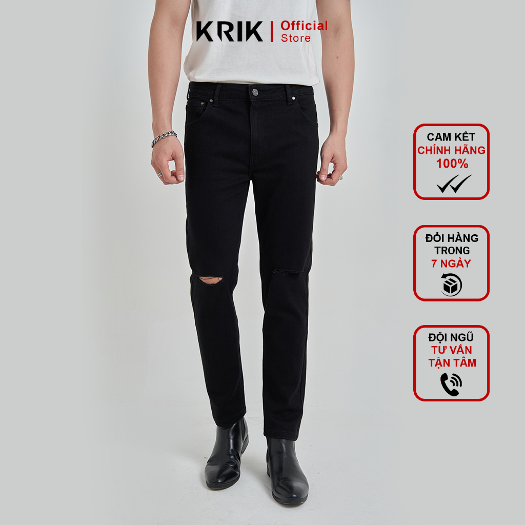 Quần Jean Nam Local Brand KRIK Form Slimfit Chất Liệu Cao Cấp Màu Đen Rách Gối QJ6028