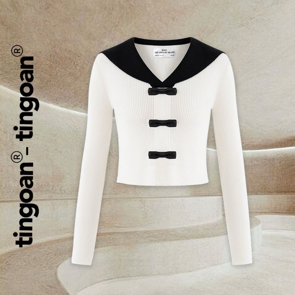 TINGOAN® - Áo len crop lửng cổ thủy thủ đính 3 nơ trắng YUMI YUMI TOP/WH