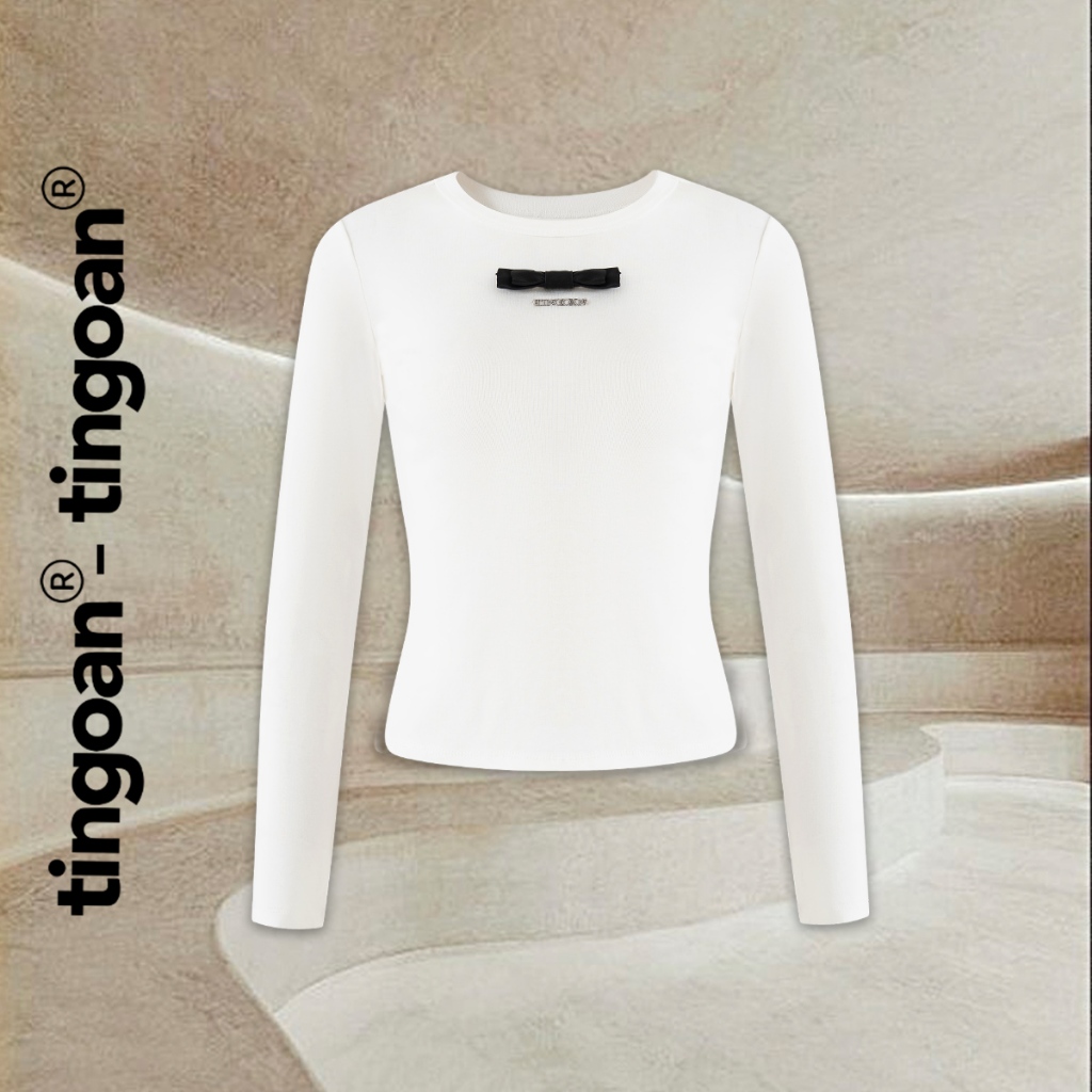 TINGOAN® - Áo dài tay cổ tròn co giãn đính logo phối nơ trắng CHY TOP/WH
